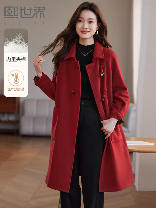 【年终特卖】熙世界红色牛角扣毛呢大衣设计感秋冬款加厚夹棉呢子外套中长款 商品图0