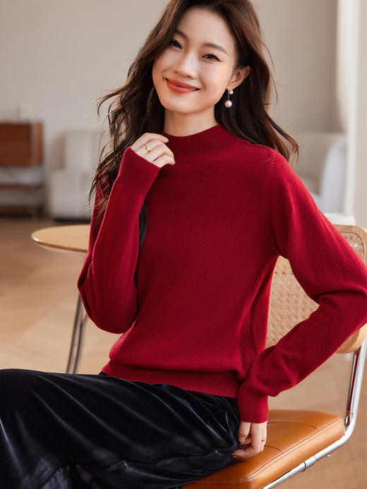 【年货节】熙世界红色100%纯羊毛衫女秋冬款半高领毛衣宽松羊绒针织打底衫 商品图5