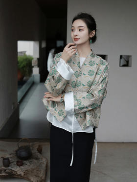 微瑕秒杀| 限量款| 盛唐牡丹|万寿无疆牡丹纹重缎宋锦新中式外套-绿团纹(不夹棉）[特价品](特殊商品不退不换)