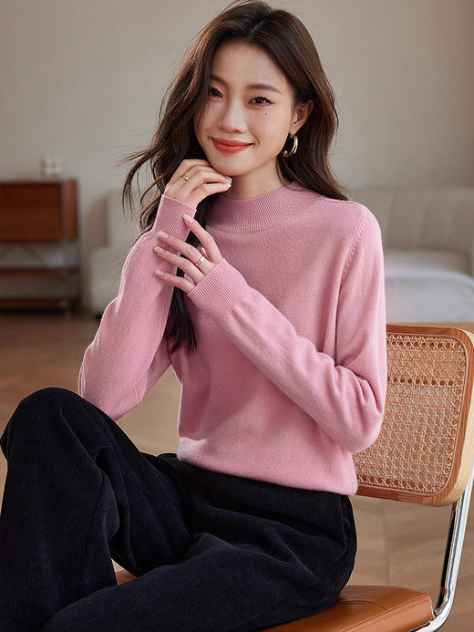 【年货节】熙世界红色100%纯羊毛衫女秋冬款半高领毛衣宽松羊绒针织打底衫 商品图7