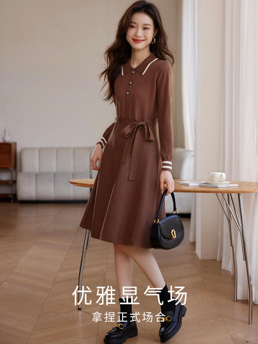 【专属特价】熙世界法式撞色polo领针织连衣裙女秋冬气质包芯纱收腰显瘦裙子 商品图2