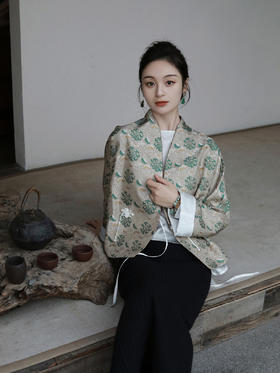 限量款| 盛唐牡丹 |万寿无疆牡丹纹重缎宋锦新中式外套-绿团纹(夹棉）