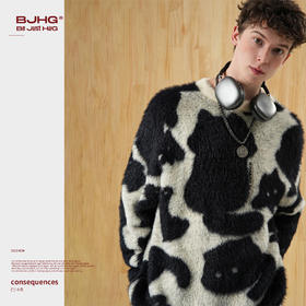 BJHG猫咪提花仿水貂绒套头毛衣女秋宽松慵懒风潮牌复古针织衫外套