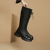 西遇高筒骑士靴女新款秋冬弹力长筒马丁靴黑色绑带厚底长靴子D2134008 商品缩略图1