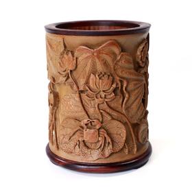 和谐(荷蟹)°竹笔筒镶口底13*15.5cm