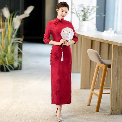 WX-Z07酒红真丝旗袍桑蚕丝 商品图6