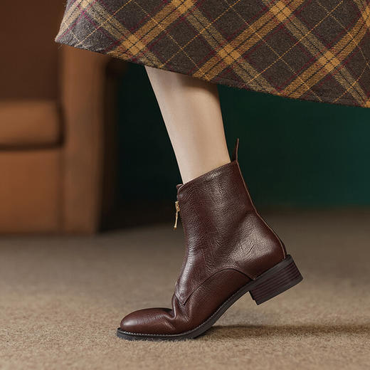 前拉链粗跟中筒靴，复古风圆头马丁靴MCC-C9503 商品图3