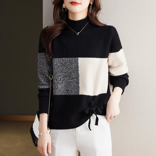 拼色毛衣女秋冬新款，时尚洋气加厚半高领打底衫套头系带上衣CC-27-2388 商品图2