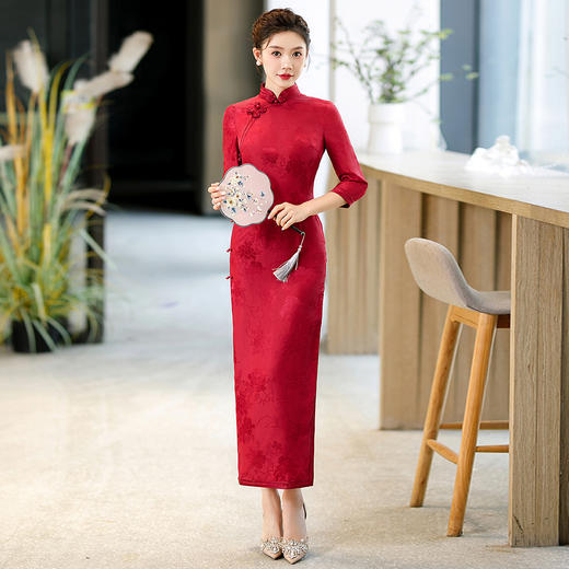 WX-Z07酒红真丝旗袍桑蚕丝 商品图5