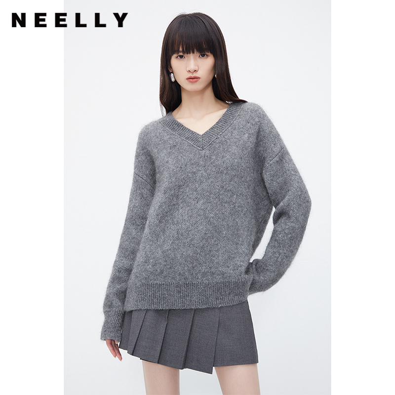 NEELLY纳俪商场同款灰色V领套头毛衣女高级感慵懒洋气百搭针织衫N23121A01208