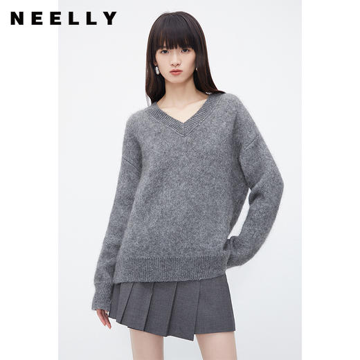 NEELLY纳俪商场同款灰色V领套头毛衣女高级感慵懒洋气百搭针织衫N23121A01208 商品图0