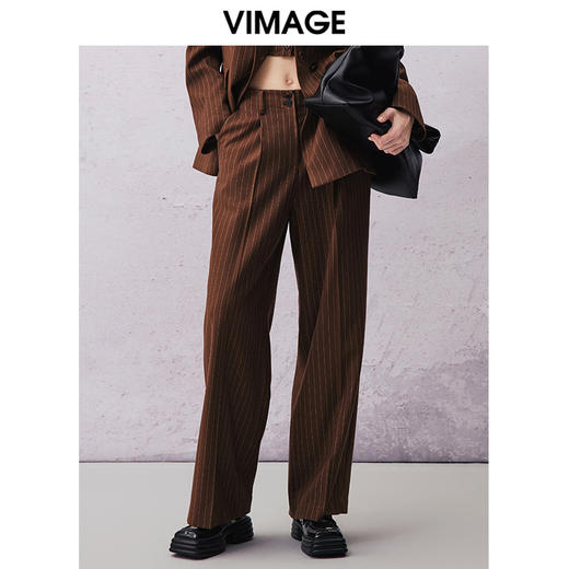 VIMAGE纬漫纪春季新款直筒宽松修身西服条纹裤子V2105701 商品图0