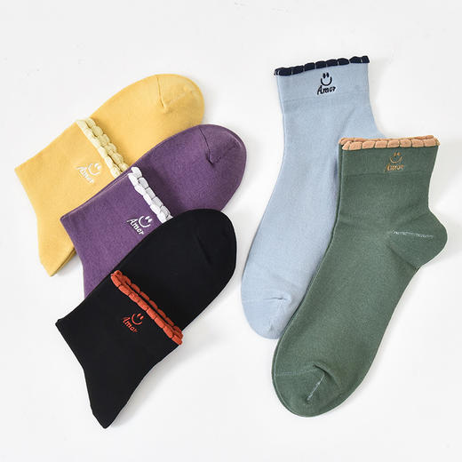 洁丽雅5双装短袜女袜精梳棉牙边刺绣短筒女袜亲肤舒适简约袜子女 商品图3