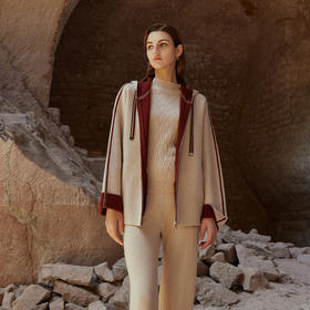 【高织撞色连帽外套】羊绒世家秋冬新品女士纯羊绒女士针织保暖外套