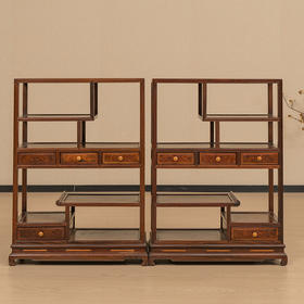 清 红木边框瘿木屉面博古架摆件（一对）