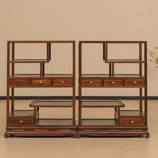 清 红木边框瘿木屉面博古架摆件（一对） 商品图0