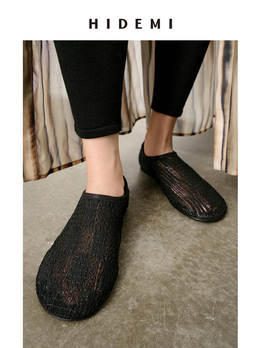 HIDEMI 网格艺术感编织系列圆头一脚蹬拉链平底鞋 商品图3