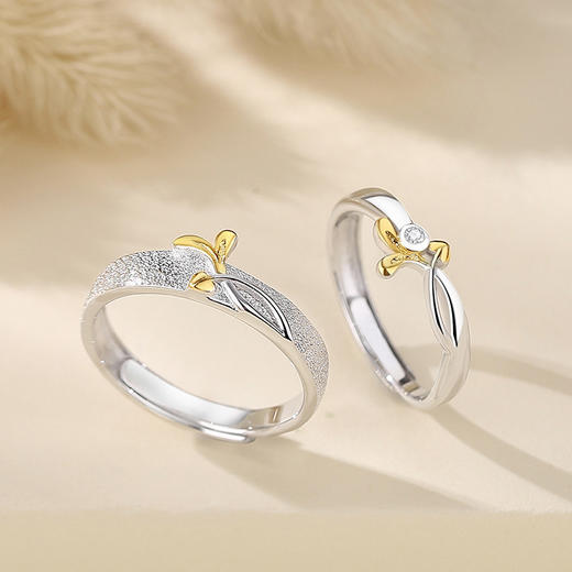 【爱情萌芽】S925银叶子爱心情侣对戒【JHY-C000555BX】 商品图1