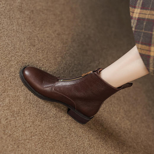 前拉链粗跟中筒靴，复古风圆头马丁靴MCC-C9503 商品图1