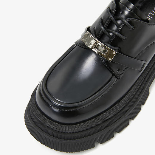 西遇厚底小皮鞋女新款英伦风锁扣系带单鞋黑色加绒乐福鞋D0046289 商品图5