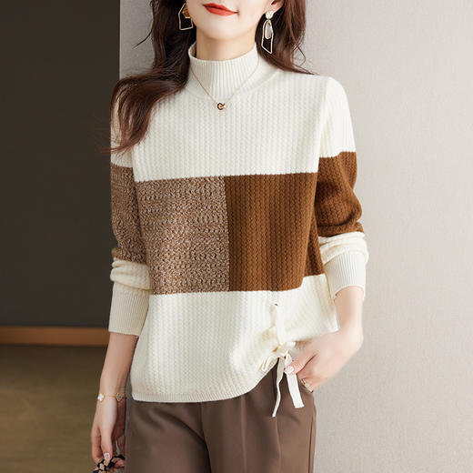 拼色毛衣女秋冬新款，时尚洋气加厚半高领打底衫套头系带上衣CC-27-2388 商品图0