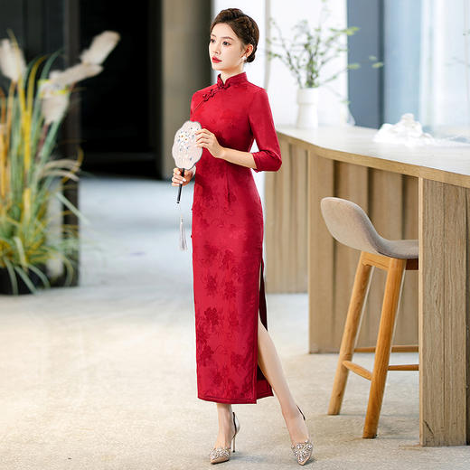 WX-Z07酒红真丝旗袍桑蚕丝 商品图4