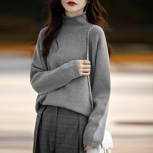 纤束马重磅纯棉卷边半高领针织衫 JG-2329 商品图11