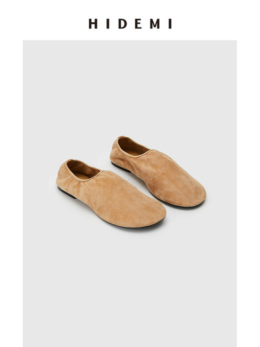 HIDEMI 羊麂皮圆头松紧一脚蹬平底鞋 卡其色/深棕色 商品图7