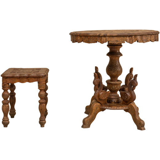 清 花梨木嵌铜丝花卉纹花口百灵台及方凳成套 商品图5