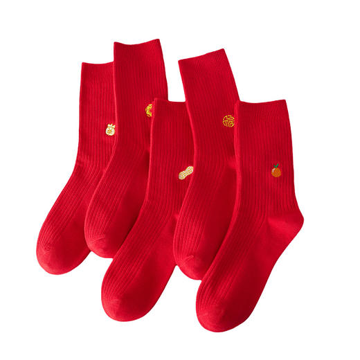 洁丽雅5双装鸿运女袜双针消臭刺绣鸿运女袜大红本命年袜子女 商品图6