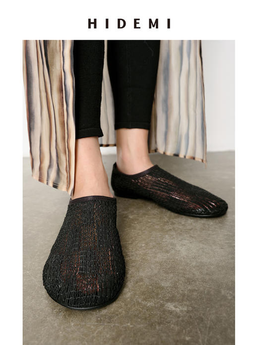 HIDEMI 网格艺术感编织系列圆头一脚蹬拉链平底鞋 商品图5