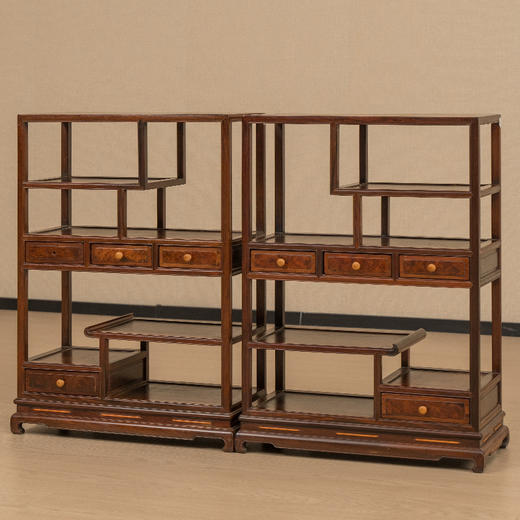 清 红木边框瘿木屉面博古架摆件（一对） 商品图4
