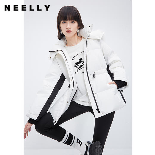 NEELLY纳俪商场同款黑白撞色工装羽绒服女真貉子毛领保暖抗寒外套N23121L01216 商品图2