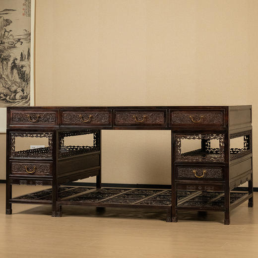 二十世纪 紫檀满雕云龙纹架几书案 商品图4