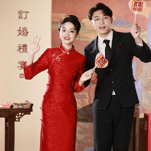提花三复合红色新娘敬酒服，改良时尚宴会婚礼长款修身年会旗袍MLS-6806 商品图1