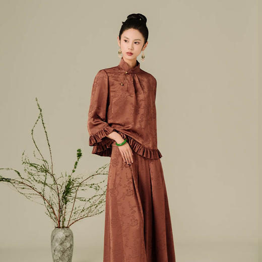 荷言GL 暖阁 兰花芳草纹重磅提花阔腿裤复古百搭 商品图1