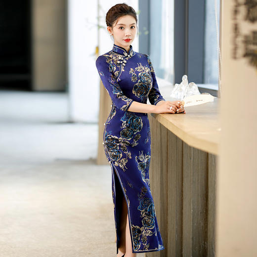 WX-Z11花萝 藏蓝玫瑰真丝旗袍桑蚕丝 商品图2