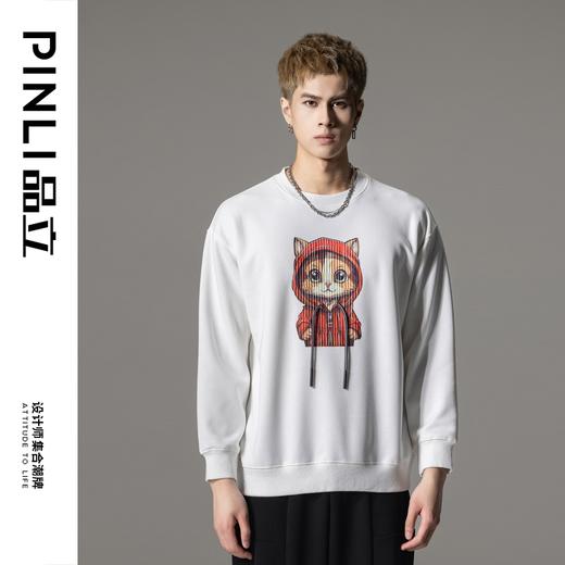 PINLI品立2024冬季新款压褶印花卡通猫圆领套头卫衣男BG233109047 商品图3