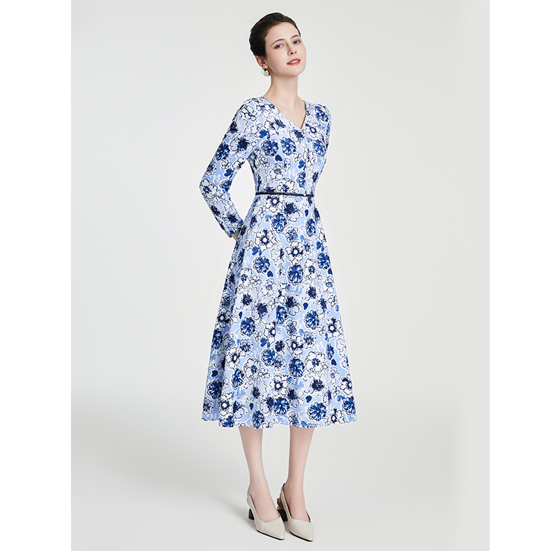司歌印花灯芯绒连衣裙长袖显瘦端庄气质A881205
