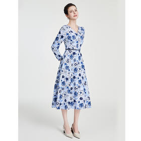 司歌印花灯芯绒连衣裙长袖显瘦端庄气质A881205