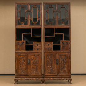 清 红木浮雕梅兰竹菊清供图博古柜（一对）