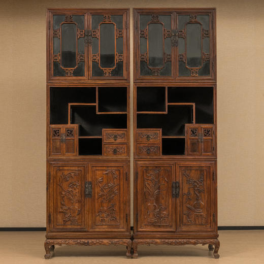 清 红木浮雕梅兰竹菊清供图博古柜（一对） 商品图0