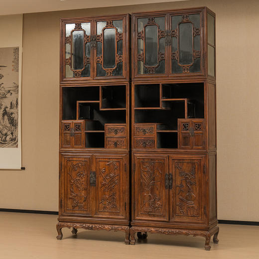 清 红木浮雕梅兰竹菊清供图博古柜（一对） 商品图4