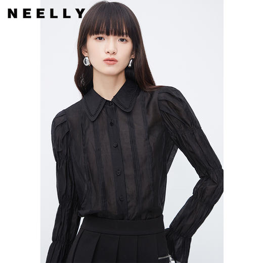 NEELLY纳俪商场同款冬季新款衬衫女洋气百搭黑色藕节袖莱赛尔内搭N23121B01212 商品图2