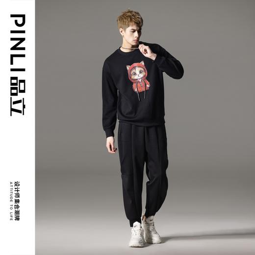 PINLI品立2024冬季新款压褶印花卡通猫圆领套头卫衣男BG233109047 商品图1
