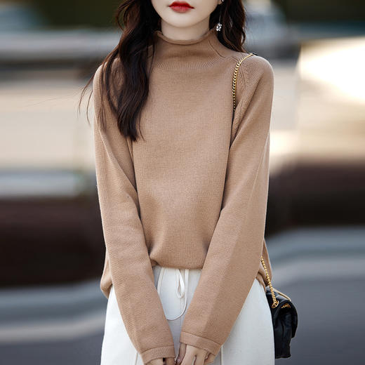 纤束马重磅纯棉卷边半高领针织衫 JG-2329 商品图3