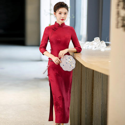 WX-Z07酒红真丝旗袍桑蚕丝 商品图0