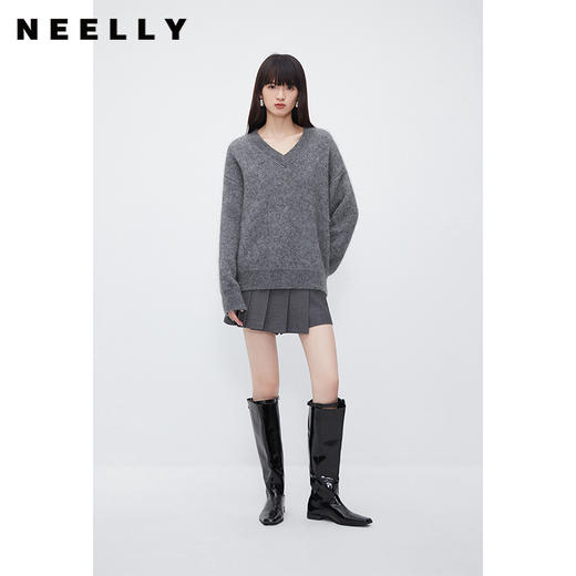 NEELLY纳俪商场同款灰色V领套头毛衣女高级感慵懒洋气百搭针织衫N23121A01208 商品图1