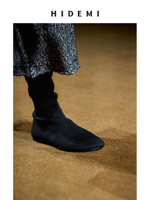 HIDEMI 高密弹力针织圆头短靴 黑色/米色 商品图9