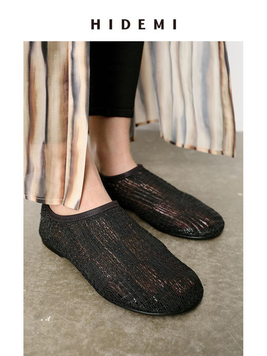 HIDEMI 网格艺术感编织系列圆头一脚蹬拉链平底鞋 商品图4